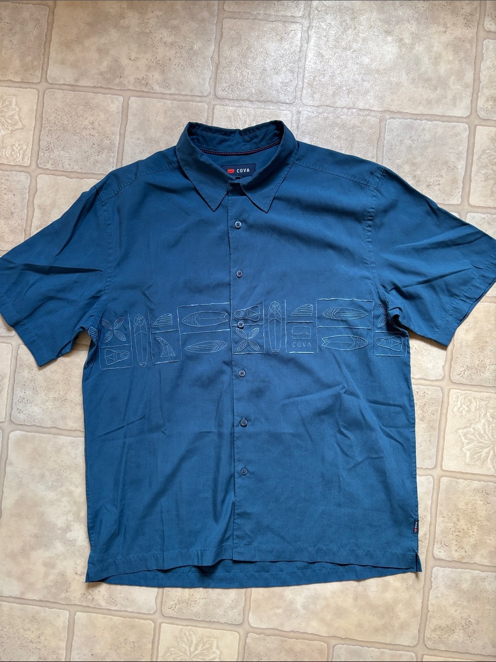 Cova Mens Short Sleeve Button Down Shirt Blue Teal Beach Coastal Size Large